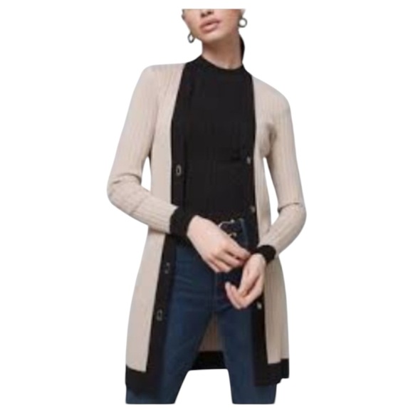 Ann Taylor Contrast Trim Longline Cardigan Black Tan Size XS - Picture 1 of 11